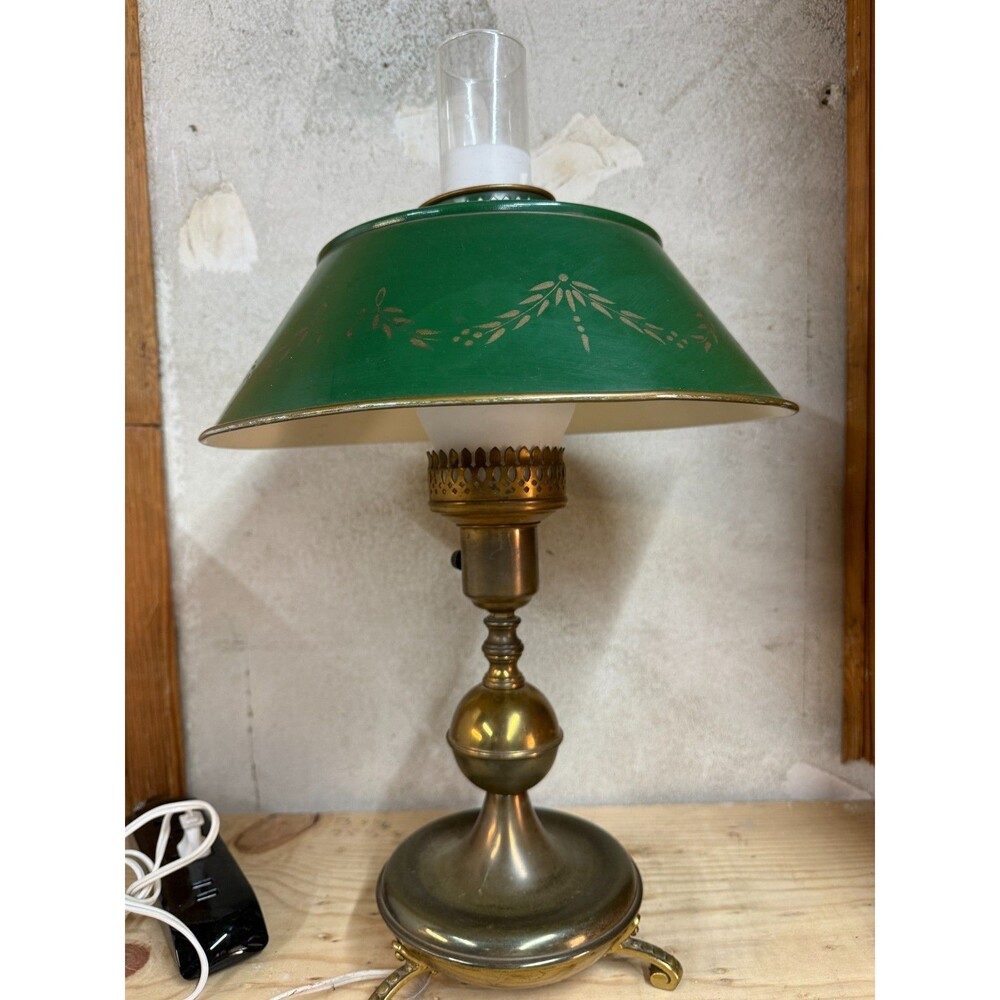 Vintage Green Toleware Hurricane Table Lamp Brass Tone Glass Chimney Works